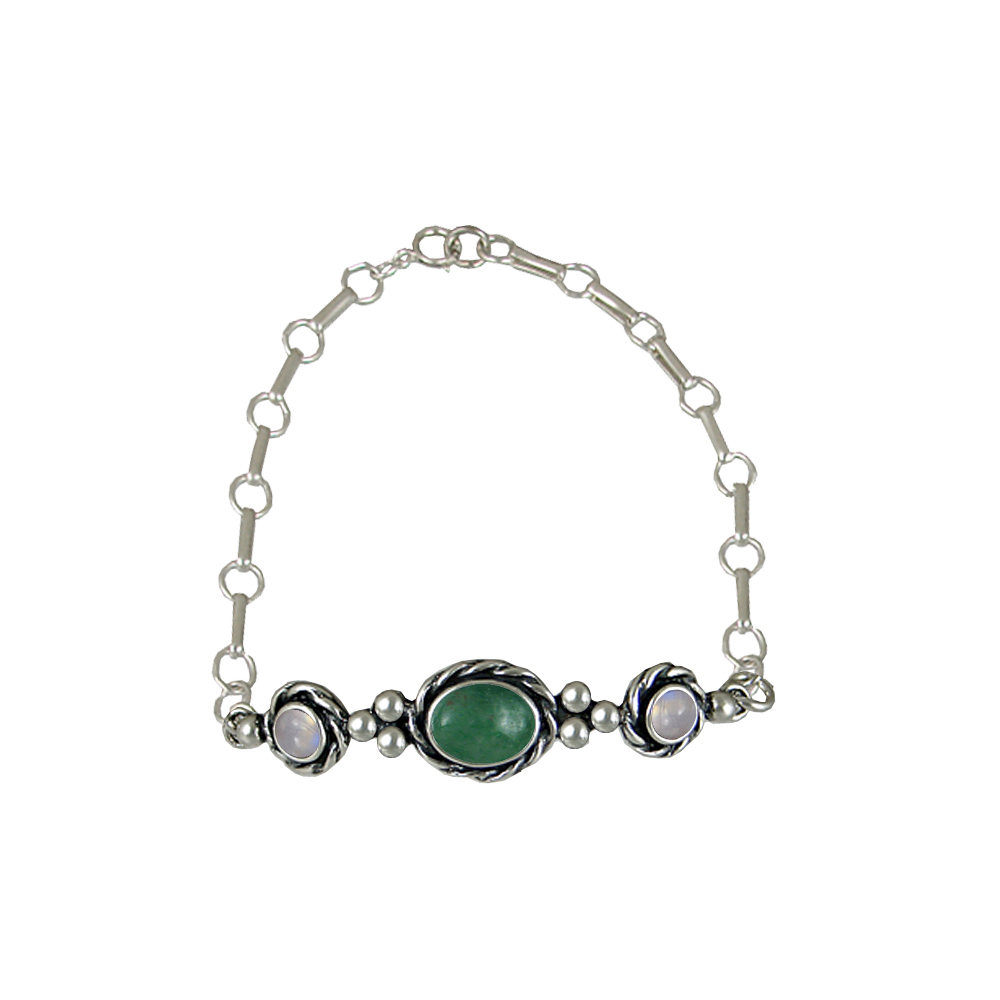 Sterling Silver Gemstone Adjustable Chain Bracelet With Jade And Rainbow Moonstone